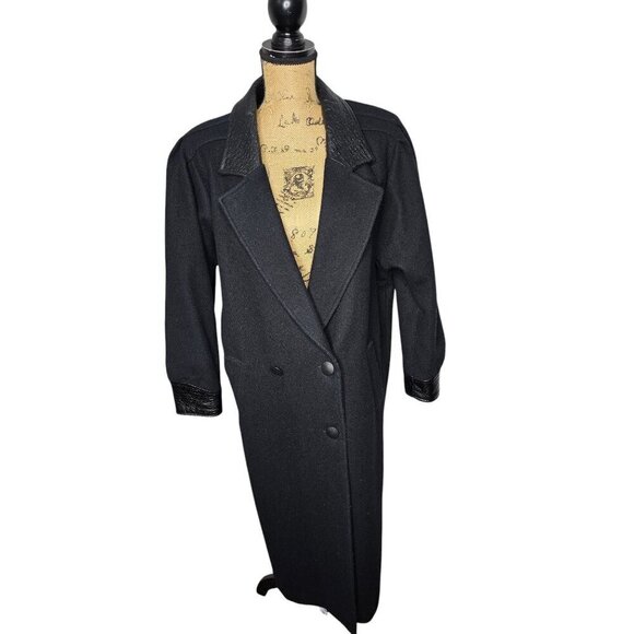 Vintage Black Wool Leather Trim Overcoat Classic - Picture 2 of 16
